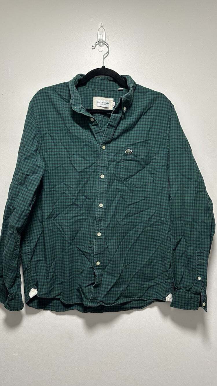 Lacoste Mens Green Gingham Check Long Sleeve Button Down Shirt Sz L Regular Fit